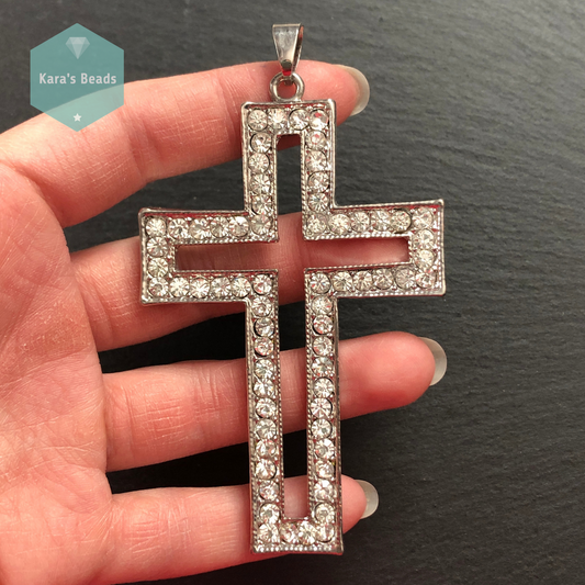 Chunky Silver Cross Pendant with Crystals 1 pc